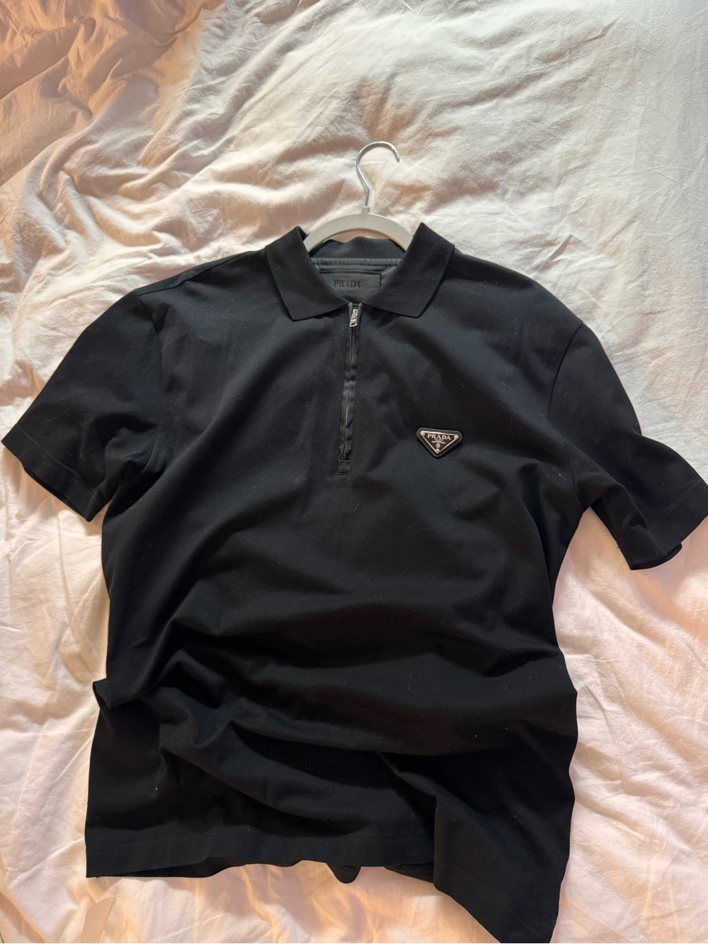 PRADA Re-Nylon Black Piqué 1/4 Zip Collared Short Sleeve Polo Shirt S